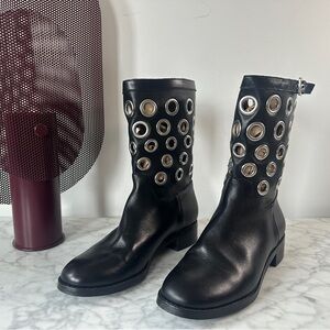 Cecilia New York Black Leather Readd Moto Grommet Leather Boots women 9.5 flat